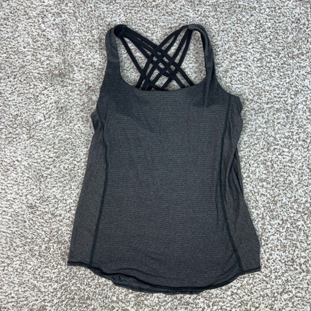 Lululemon Tank Top Womens 4 Gray Strappy Crisscross Back Built In Bra Yoga Gym